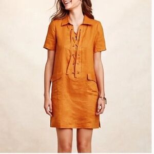 Anthropologie Maeve Lace-Up Linen Dress in Mango size 00P